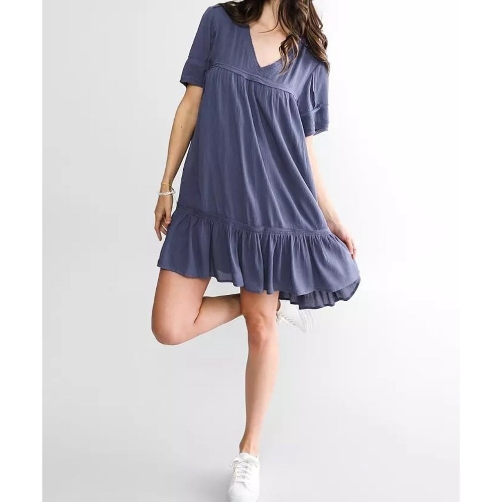 Daytrip Womens Navy Blue Gauze‎ Babydoll Dress V-Neck Tiered Ruffle Mini Size M